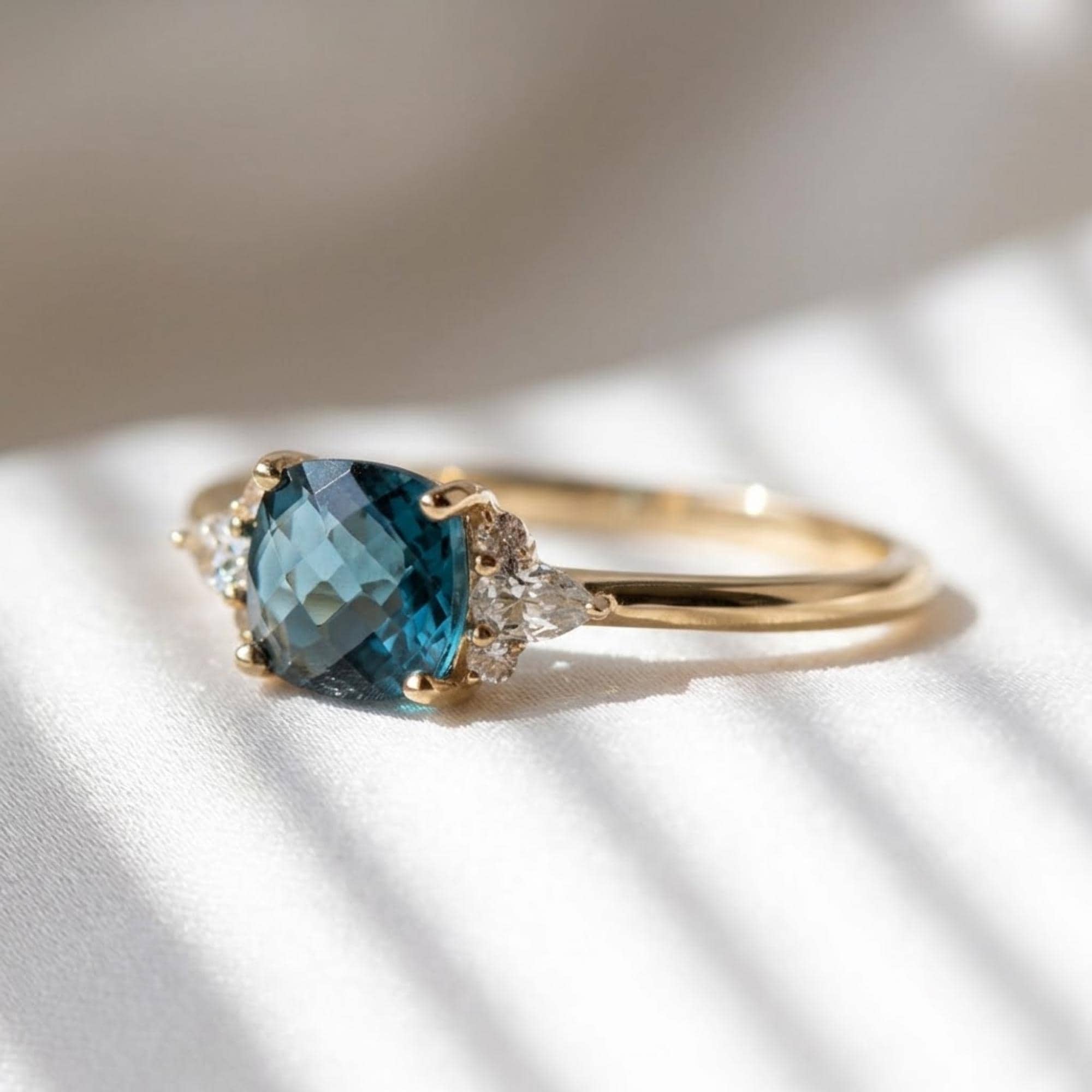 Blue Topaz White Sapphire Ring 14K Solid Gold Cushion Cut Gemstone Ring Pear Sapphire Engagement Ring December Birthstone Promise Ring