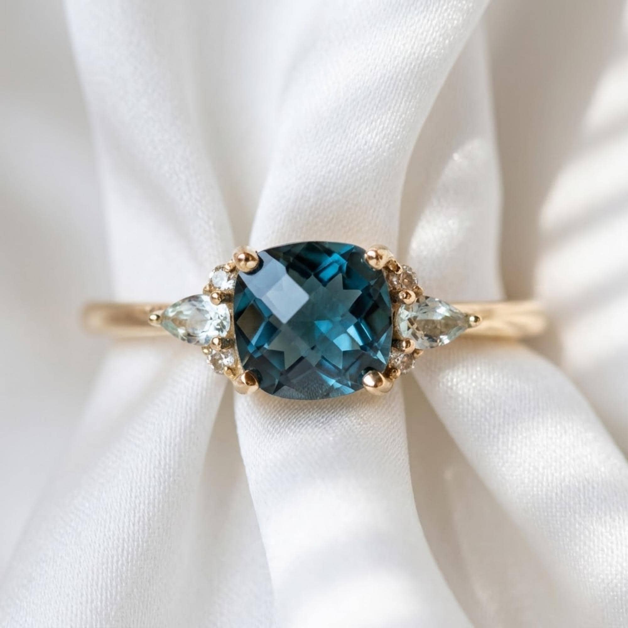 Blue Topaz White Sapphire Ring 14K Solid Gold Cushion Cut Gemstone Ring Pear Sapphire Engagement Ring December Birthstone Promise Ring