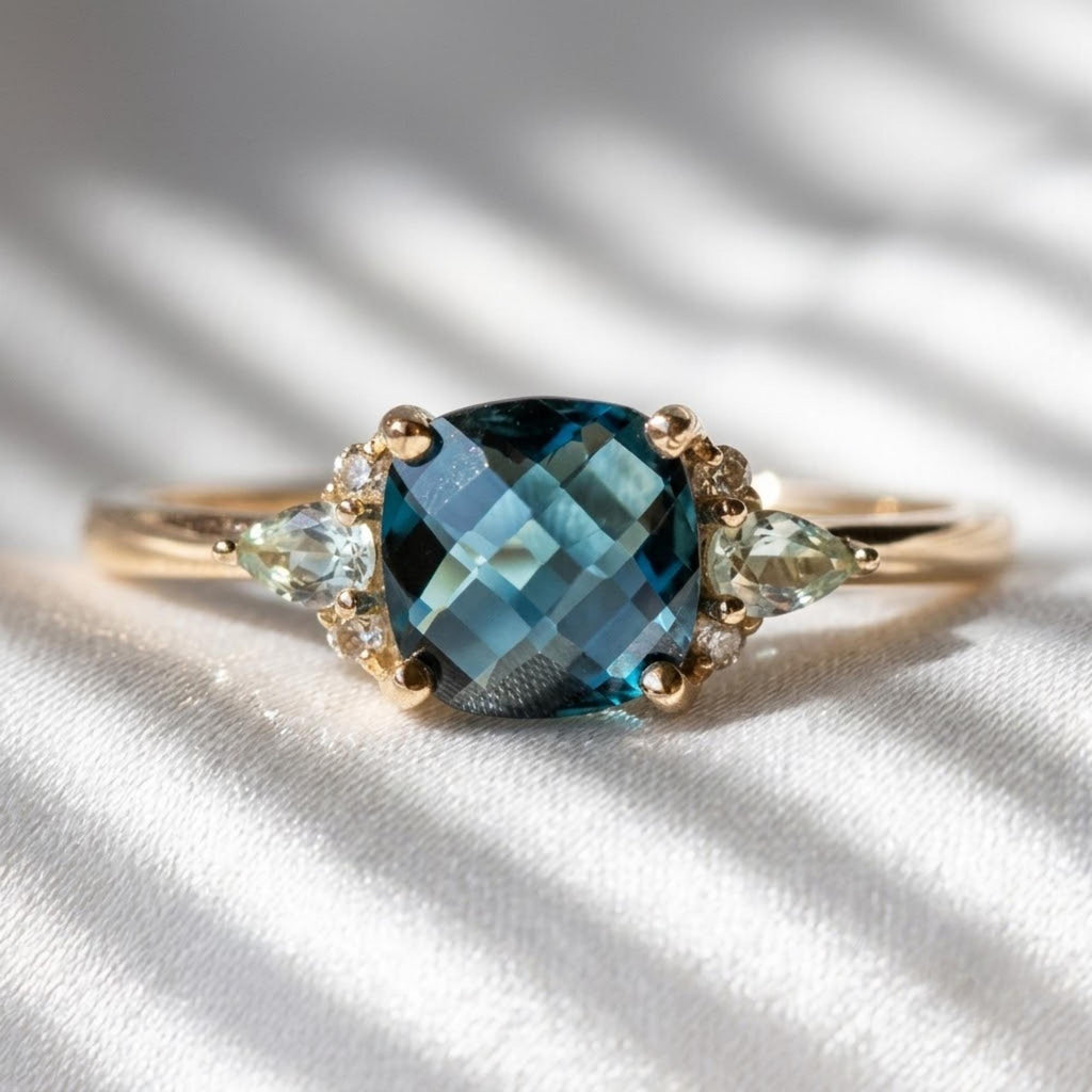 Blue Topaz White Sapphire Ring 14K Solid Gold Cushion Cut Gemstone Ring Pear Sapphire Engagement Ring December Birthstone Promise Ring